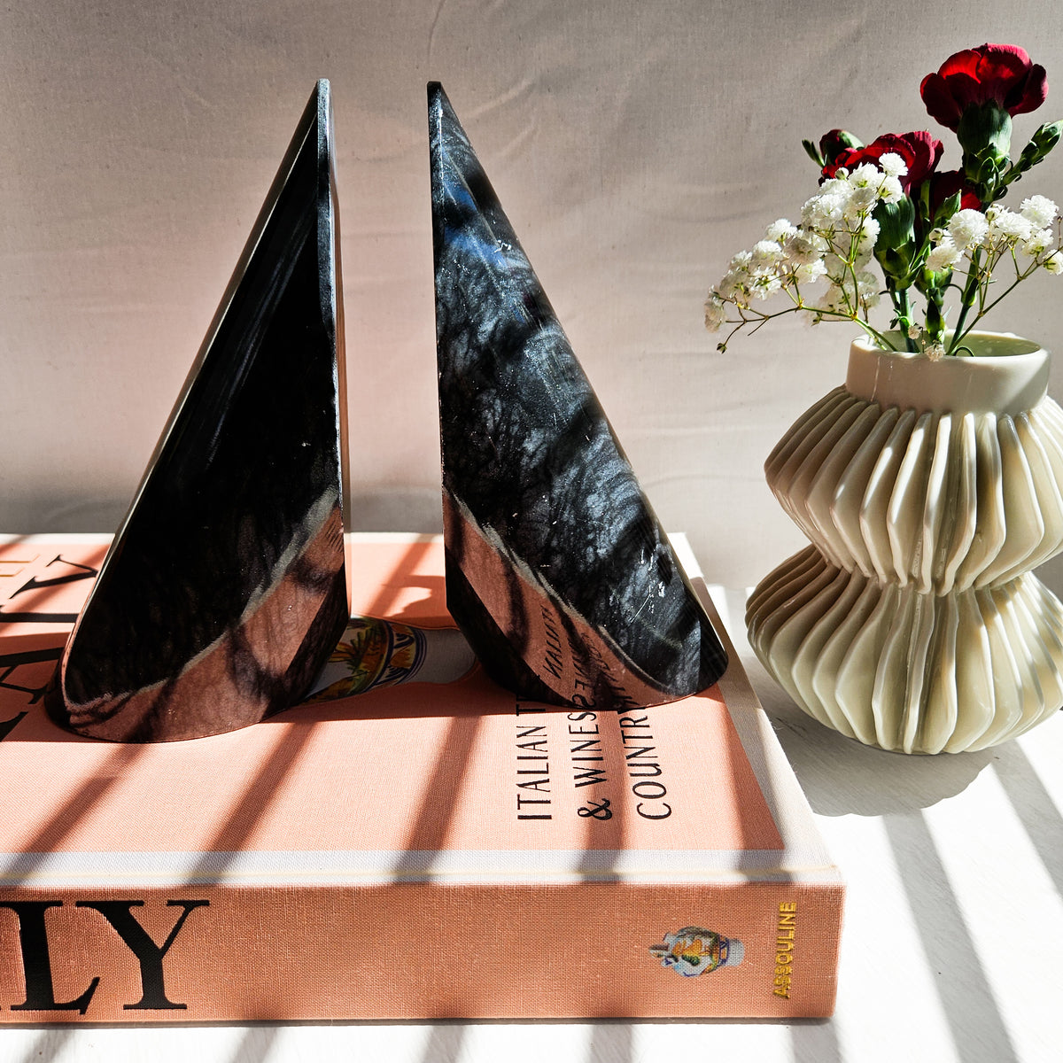 Black Marble Slant Cylinder Bookends – Pair
