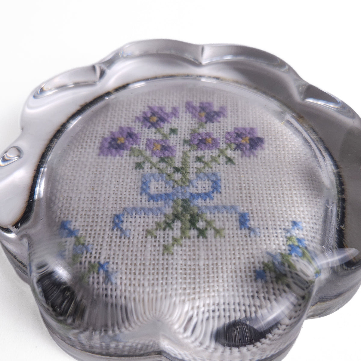 Scalloped Glass Paperweight with Floral Needlepoint Insert
