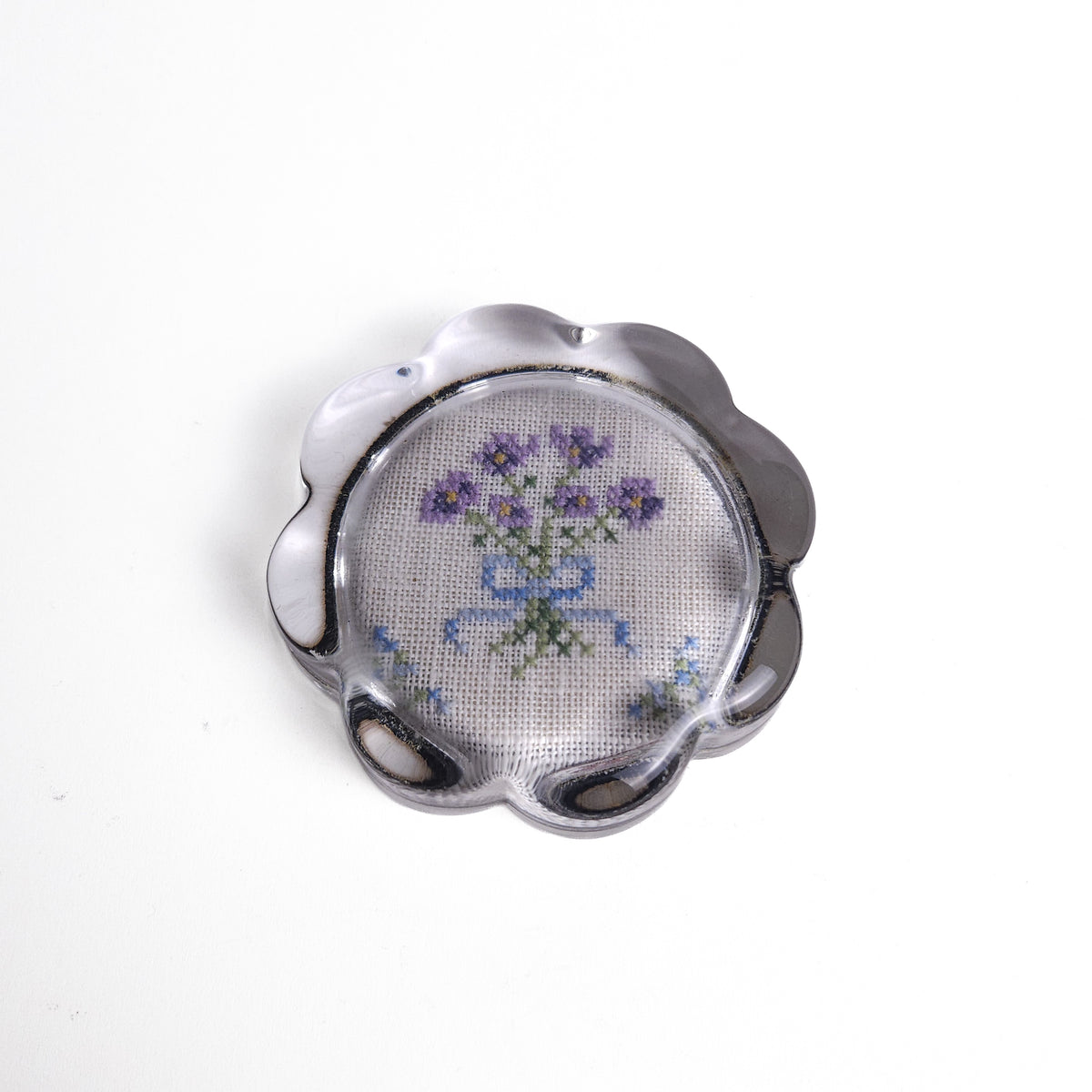 Scalloped Glass Paperweight with Floral Needlepoint Insert