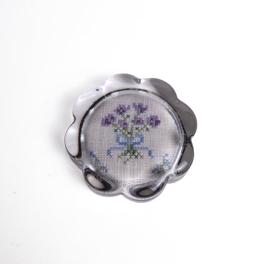 Scalloped Glass Paperweight with Floral Needlepoint Insert